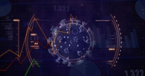 Futuristic data visualization with wireframe sphere and graphs