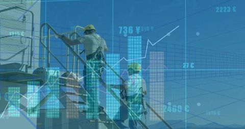 Industrial workers ascending tower stairs wearing harnesses and hardhats with data overlay