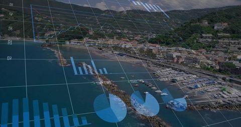 Aerial coastal marina with digital analytics overlay showing breakwater, boats, shoreline