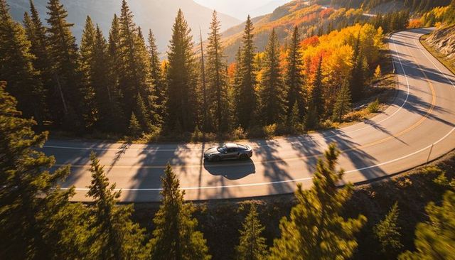 Silver sports coupe driving curving mountain road through golden autumn forest aerial view