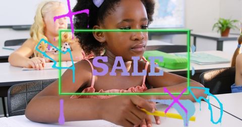 Young Schoolchildren Behind Digital Sale Graphics in Classroom