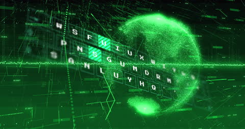 Data Processing Animation with Green Globe and Light Trails