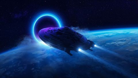 Futuristic flying saucer approaching planet blue ring over horizon