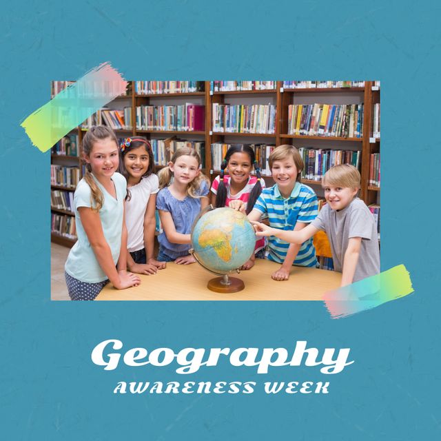 Group of diverse children happily gathered around globe in school library, celebrating Geography Awareness Week. Great for educational campaigns, school events, and diversity in education themes.