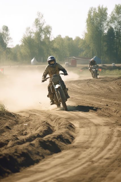 Men riding racing bikes on dirt track, created using generative ai technology. Dirt track, racing and sports concept digitally generated image.