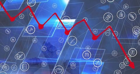 Digital network displaying fluctuating line chart representing data trends