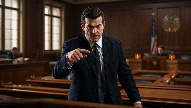 Male attorney pointing and arguing in courtroom during tense trial