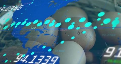 Speckled eggs under digital world map overlay with data readouts, food supply analytics