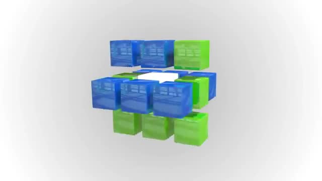 Rotating 3D cubes in blue and green with a white backdrop convey modernity and creativity. Perfect for use in materials related to digital design concepts, technological solutions, or creative presentations. Enhances digital content related to technology, computing, or innovative design strategies.