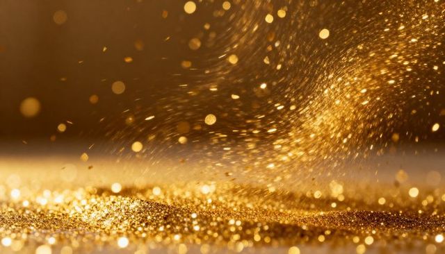 Sparkling gold glitter swirling above metallic mound casting warm bokeh glow macro texture