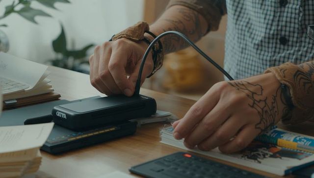 Tattooed hands plugging usb cable into portable scanner device on wooden desk with cards