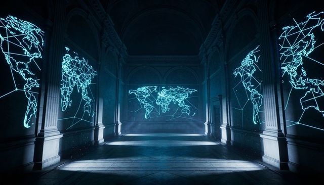 Futuristic neoclassical hall with cyan world map holograms and symmetrical vaulted interior