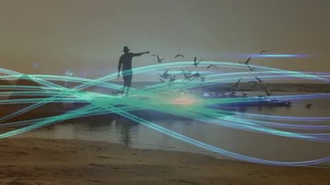 Man Walking at Beach at Dawn with Ethereal Electromagnetic Waves