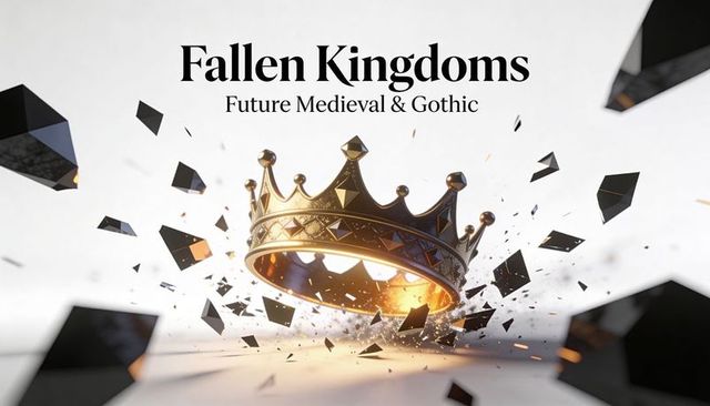 Hovering golden crown shattering into black shards with glowing filigree, gothic medieval