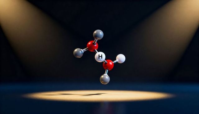 Hydrogen molecular model floating under dramatic spotlights for science, education, design