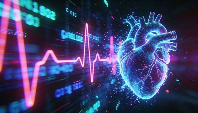 Neon holographic heart pulsing with pink ecg and digital readouts for futuristic medical tech