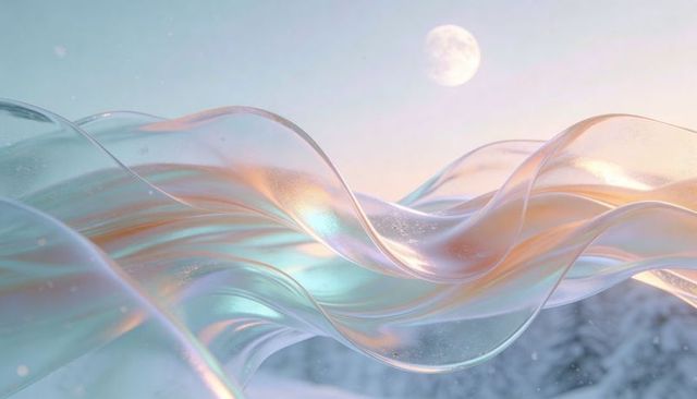 Iridescent opal ribbon gliding over snowy dawn field with pale moon and frosted trees
