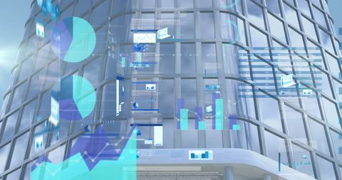 Digital Financial Data Overlay on Modern Glass Office Building - Download Free Stock Images Pikwizard.com