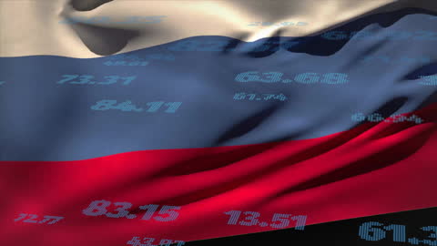 Financial Analysis Data Overlaying Russian Flag Animation