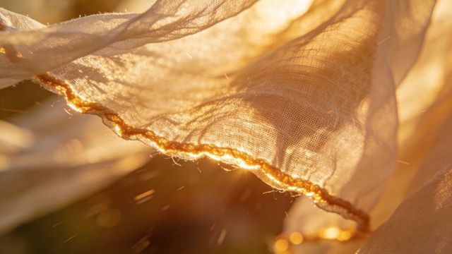 Glowing sheer fabric catching golden sunlight with gold-trimmed scalloped hem