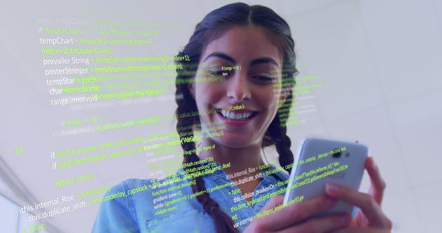 Young Woman Learning to Code on Smartphone with Floating Text - Download Free Stock Images Pikwizard.com