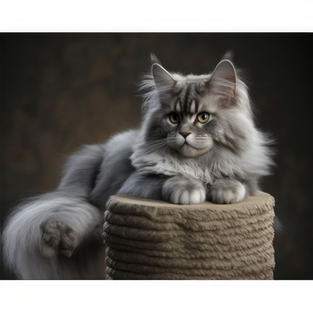 Maine Coon cat with a fluffy gray coat resting on a rope scratching post. Ideal for pet adoption posters, cat care articles, vet office decor, or social media promotions for pet products.