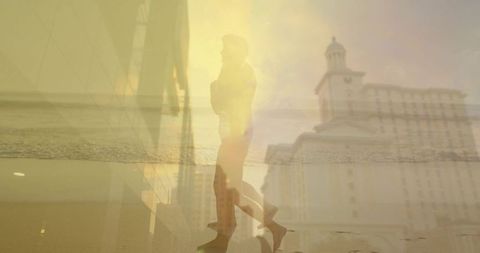 Double exposure business couple walking at sunset blending beach waves and urban skyline