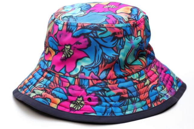 Blue bucket hat with purple flowers on white background, created using generative ai technology. Fashion, hats and headwear concept digitally generated image.