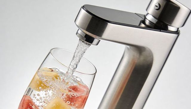 Stainless steel faucet pouring sparkling water into glass with fruit and ice