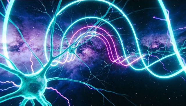 Neural dendrites transmitting neon ribbons and electric sparks across cosmic nebula