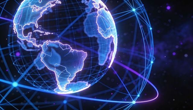 Neon digital globe showing connected americas with orbital network rings and grid mesh