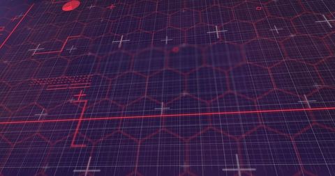 Abstract Digital Grid with Red Hexagonal Patterns