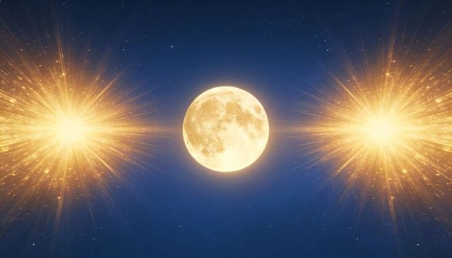 Full moon hovering between golden starbursts over deep blue night sky