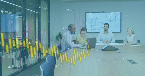 Digital interface overlay on team strategy meeting