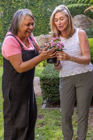 Senior Friends Bonding Over Gardening in Vibrant Backyard