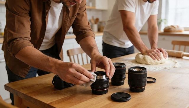 Cleaning camera lenses on wooden kitchen table while friend kneading bread dough