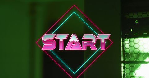 Retro Neon Start Text Over Green Digital Background