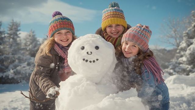 Cheerful kids building snowman in wintery wonderland