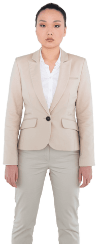 Transparent Serious Asian Businesswoman in Professional Beige Suit