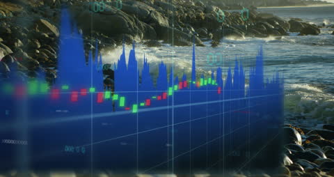 Financial Data Visualization Over Rocky Coastline