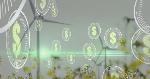 Wind Turbine in Flower Field with Dollar Icons Overlay