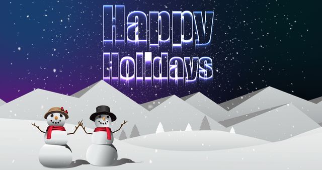 Festive Snowmen with Happy Holidays Text in Snowy Landscape - Download Free Stock Images Pikwizard.com