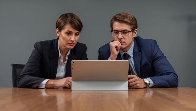 Two business professionals reviewing financial data on tablet in boardroom meeting