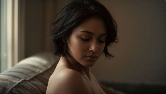 Intimate portrait of woman leaning by window with moody soft side light and bare shoulders