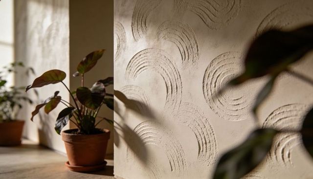 Sunlit terracotta plant casting long leaf shadows on textured plaster wall with curved relief