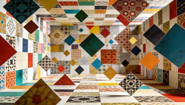 Suspended mosaic tiles forming floating diamond path in colorful tiled corridor