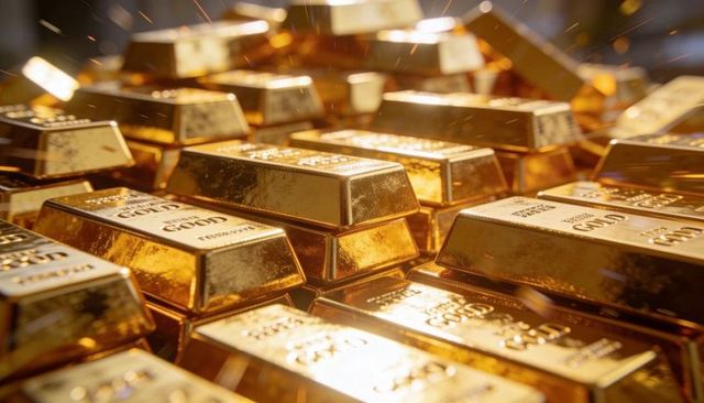 Shining gold bars reflecting light in vault pile with stamped serial numbers and sparks