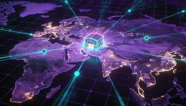 Neon Warehouse Hub Emitting Cyan Network Rays Over Middle East Map Grid