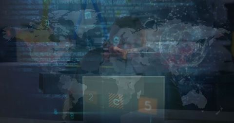 Global data processing over worked businessman in office