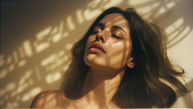 Reclining woman basking in dappled sunlight and patterned shadows, serene beauty portrait